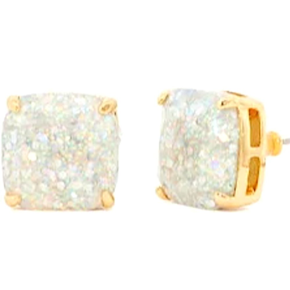 ♠ Kate Spade Opal Glitter Stud Earrings Gold Tone Square Cushion Resin Sparkly